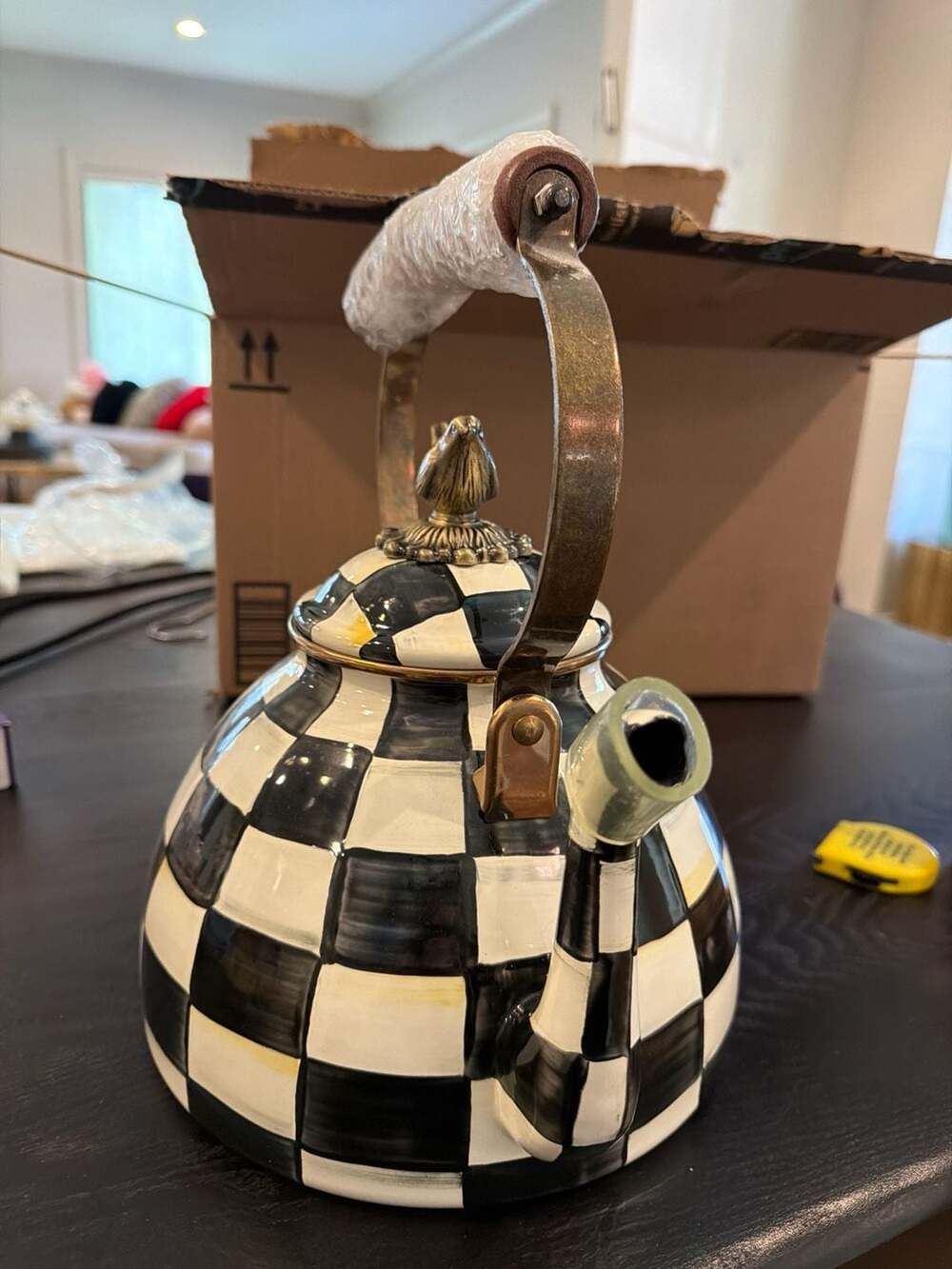 MacKenzie-Childs Courtly Check Enamel 3-Quart Tea pot w/ Bird Knob NEW w/ defect - Picture 5 of 12